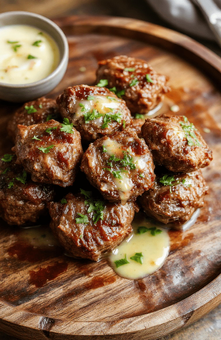 A close-up of tender garlic butter beef bites served on a rustic wooden plate, garnished with fresh herbs, with a glossy sauce coating the perfectly cooked meat, surrounded by garlic cloves and sprigs of parsley, styled in a cozy, warm setting with natural lighting.