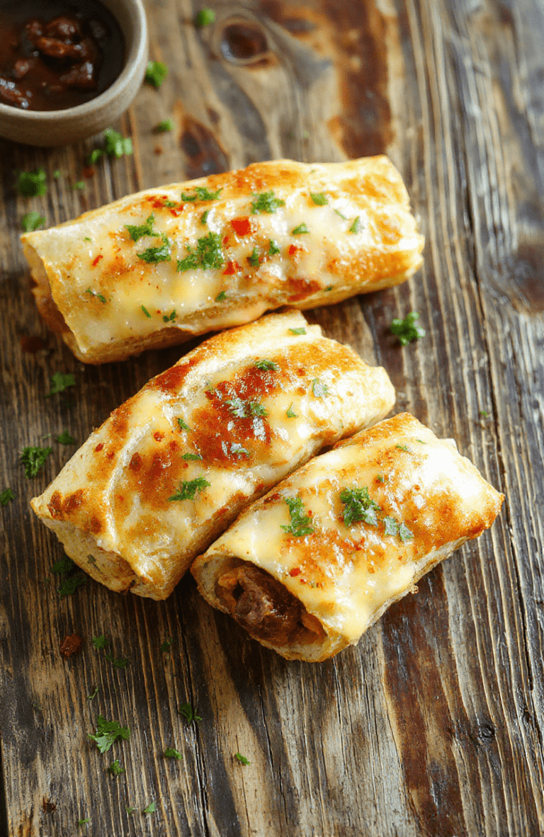 A close-up of golden-brown keto Philly cheesesteak rolls sliced open to reveal juicy, seasoned beef and melted cheese, arranged on a rustic wooden serving board with fresh herbs and colorful peppers, styled casually with soft natural lighting highlighting the textures and vibrant colors.
