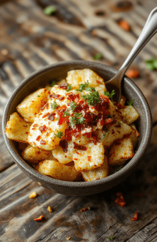 A vibrantloaded potato taco bowl showcasing crispy potato chunks topped with cheesy ground beef, fresh lettuce, red tomatoes, and sour cream, styled for an appetizing presentation.