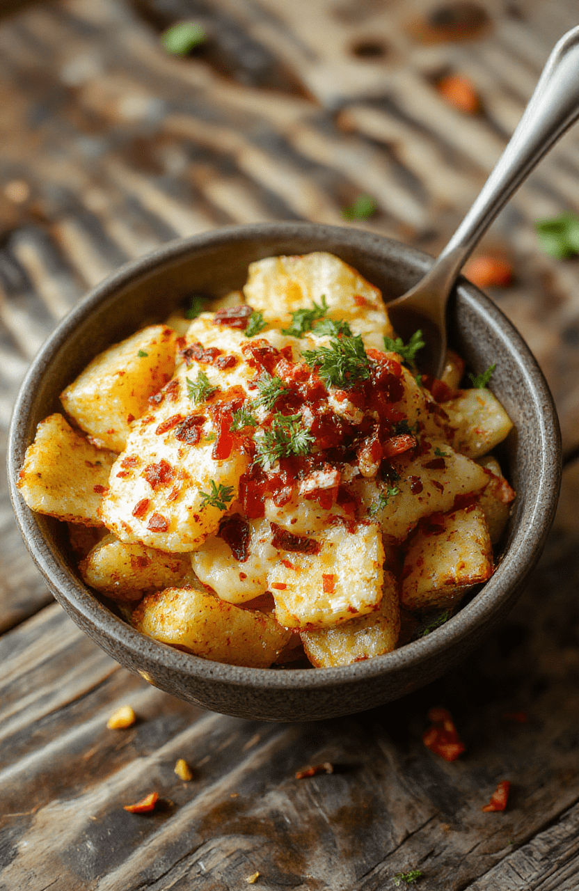 A vibrantloaded potato taco bowl showcasing crispy potato chunks topped with cheesy ground beef, fresh lettuce, red tomatoes, and sour cream, styled for an appetizing presentation.