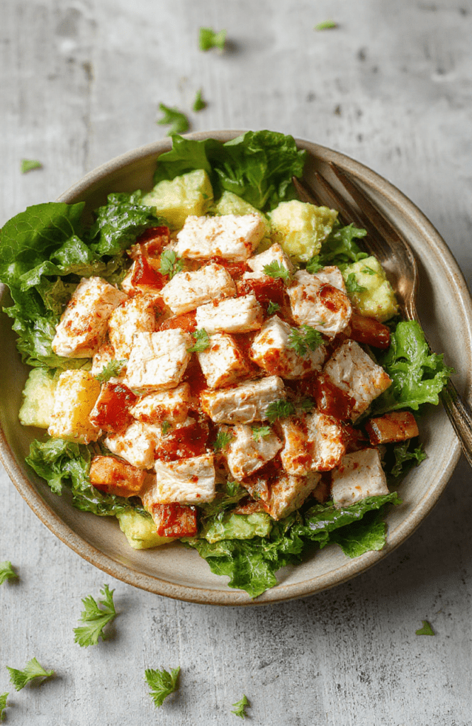 Colorful chicken salad in a glass bowl with chopped celery, grapes, and sliced almonds on a white plate, styled with fresh herbs, vibrant and creamy textures, appealing presentation