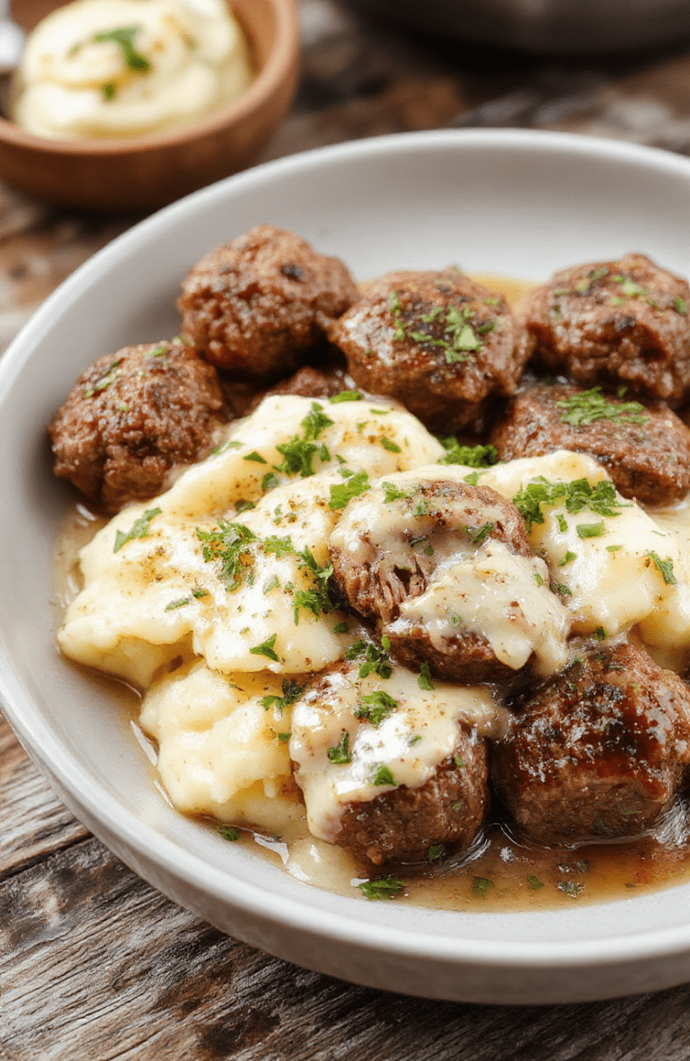 A close-up shot of juicy Salisbury steak meatballs glazed in rich gravy, served alongside creamy garlic herb mashed potatoes garnished with fresh herbs, with a rustic wooden table background, vibrant colors, and textures highlighting the tender meatballs and smooth potatoes.