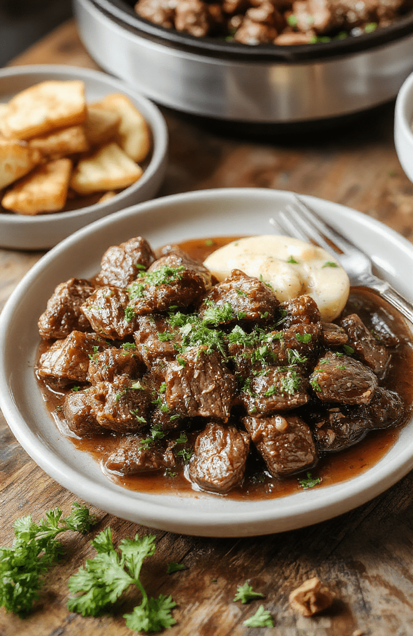 A vibrant dish featuring tender slices of beef and colorful bell peppers in a rich sauce, beautifully plated on a rustic wooden table with fresh herbs and a side of rice, captured in natural daylight with a shallow depth of field for a cozy, inviting feel.