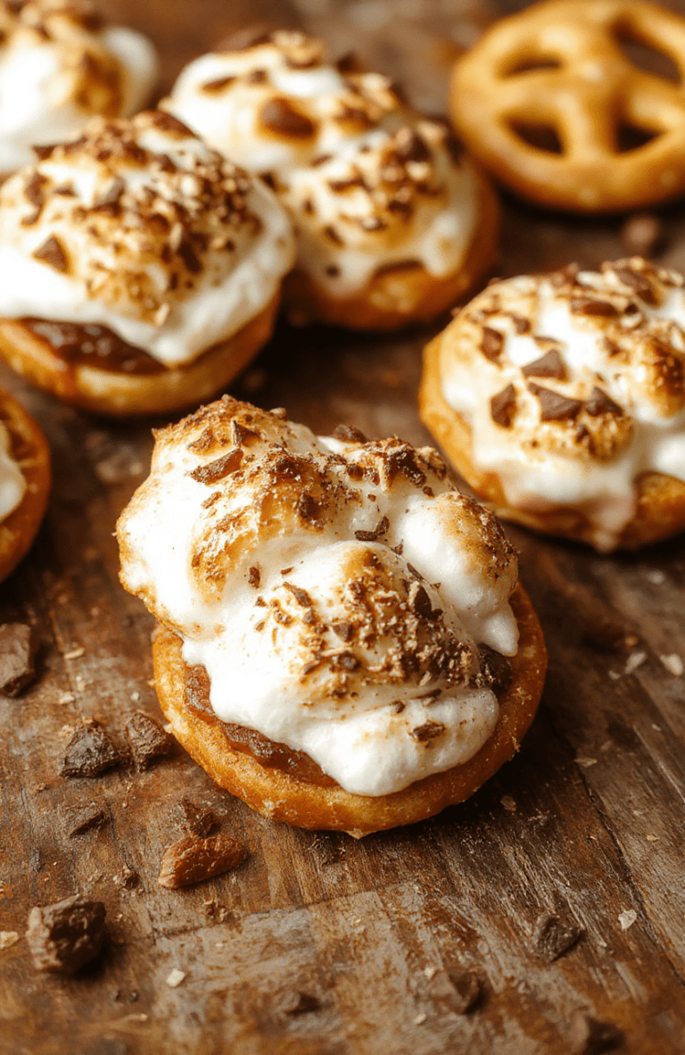 Colorful display of golden-brown pretzel bites drizzled with melted chocolate and topped with toasted marshmallows, arranged on a rustic wooden platter with scattered pretzels and chocolate pieces, showcasing a perfect blend of shiny, gooey, and crunchy textures.