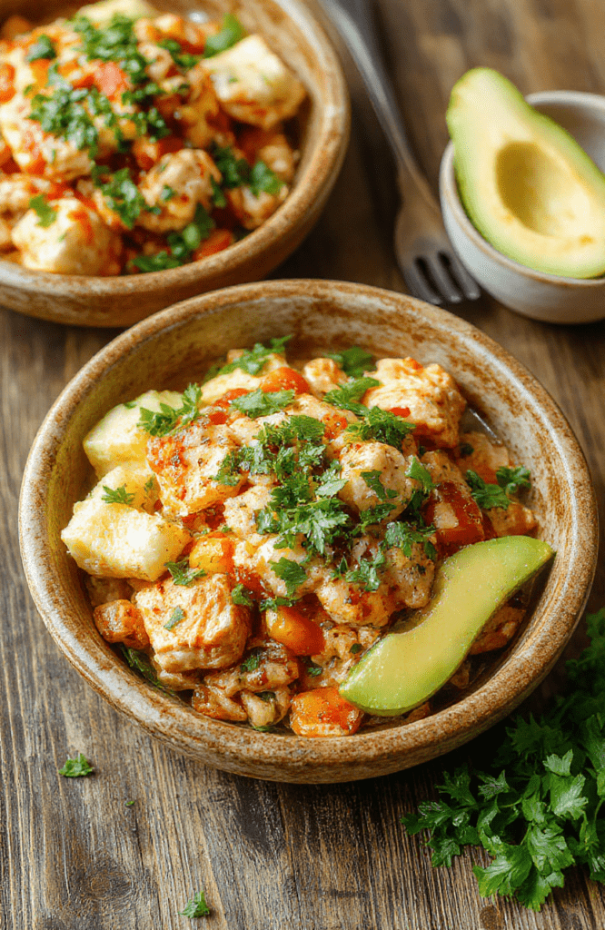 Colorful Southwest Chicken Burrito Bowls arranged on a rustic wooden table. The bowls showcase grilled chicken, bright red cherry tomatoes, vibrant green lettuce, creamy white avocado slices, and a sprinkling of shredded cheese. The textures are crisp, tender, and inviting with a fresh, appetizing appearance. The presentation emphasizes freshness and bold flavors, styled simply for an appealing, homemade feel.