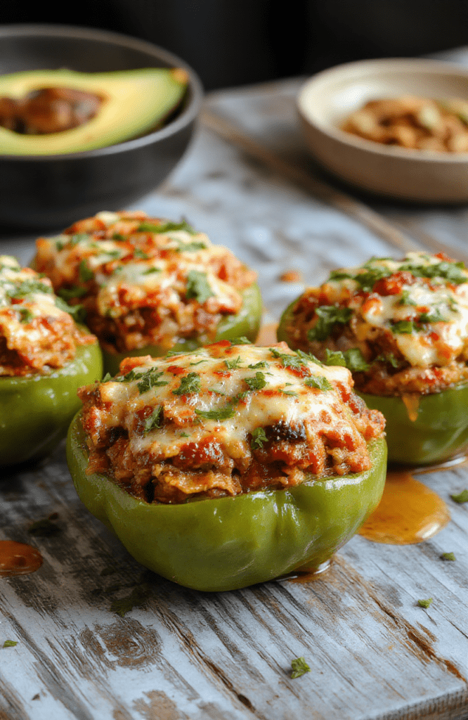 Colorful bell peppers filled with seasoned taco meat, melted cheese, and fresh toppings arranged on a rustic white plate. The peppers are vibrant red, yellow, and green, with a slightly crispy edges, topped with chopped cilantro, diced tomatoes, and sour cream. The background features a wooden table with a few extra peppers and a small bowl of salsa, styled casually for an inviting kitchen scene.