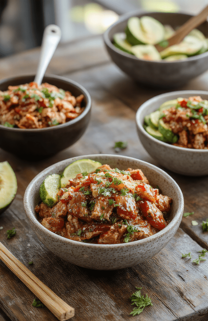 A vibrant bowl featuring juicy ground turkey glazed with shiny teriyaki sauce, topped with sliced green onions and sesame seeds. The bowl is filled with fluffy steamed rice and colorful stir-fried vegetables like bell peppers and broccoli, arranged invitingly on a rustic wooden table with natural daylight illuminating the scene.