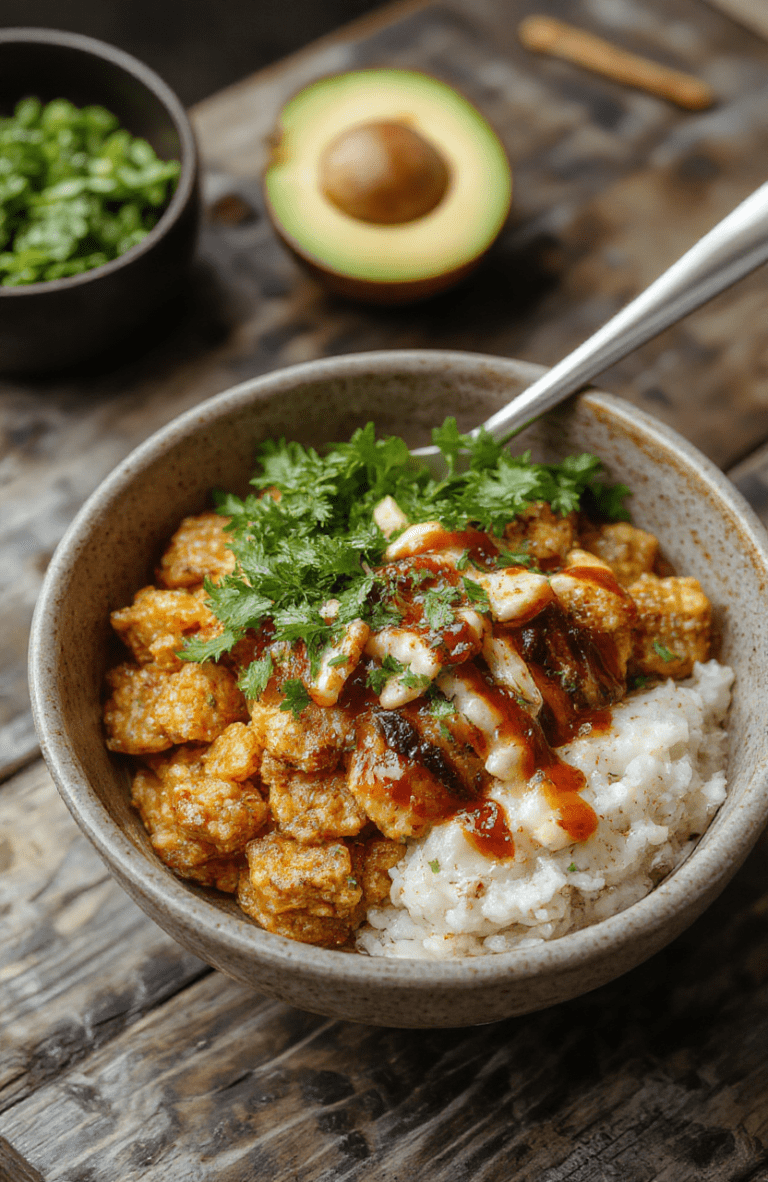 A vibrant taco rice bowl on a rustic wooden table, topped with fresh vegetables, melted cheese, and cilantro. The bowl showcases colorful ingredients like red tomatoes, green lettuce, diced onions, and seasoned ground beef, with a side of lime wedge. The textures of crunchy toppings and fluffy rice create an inviting and appetizing presentation.
