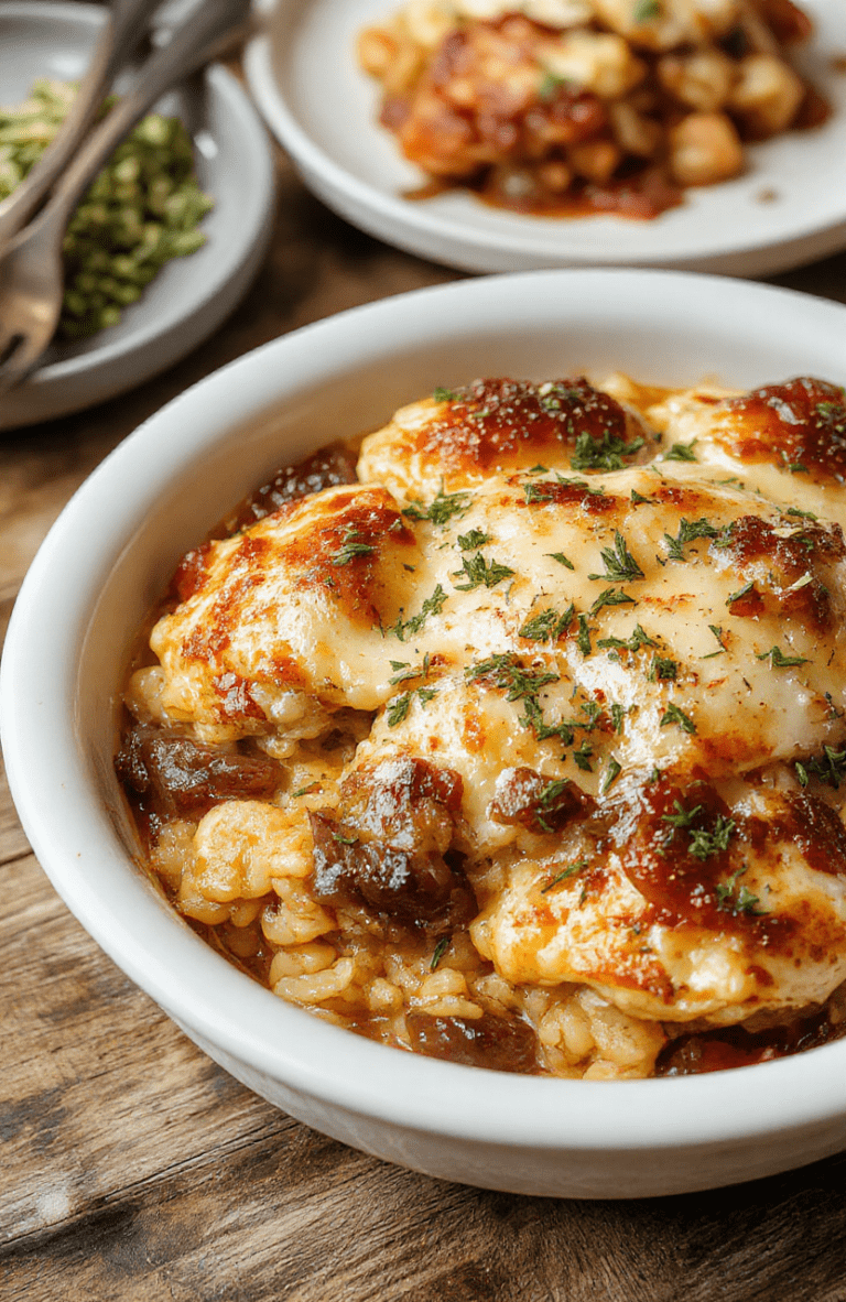 A golden baked French Onion Chicken Orzo Casserole in a rustic white dish, topped with melted cheese and caramelized onions, garnished with fresh herbs, served alongside a wooden spoon and a sprig of thyme, vibrant colors, inviting and cozy presentation, textured layers of chicken, orzo, and cheese, styled on a dark wooden table with natural light highlighting the cheesy bubbly topping.