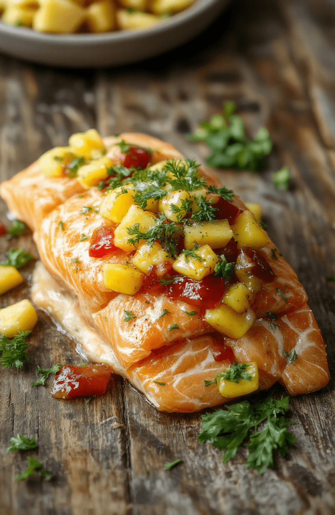 Vibrant fresh mango salsa atop a perfectly cooked salmon fillet, plated with a colorful mix of diced mango, red onion, cilantro, and lime, garnished with green herbs, on a white plate with a rustic wood background, emphasizing the bright colors and fresh textures.