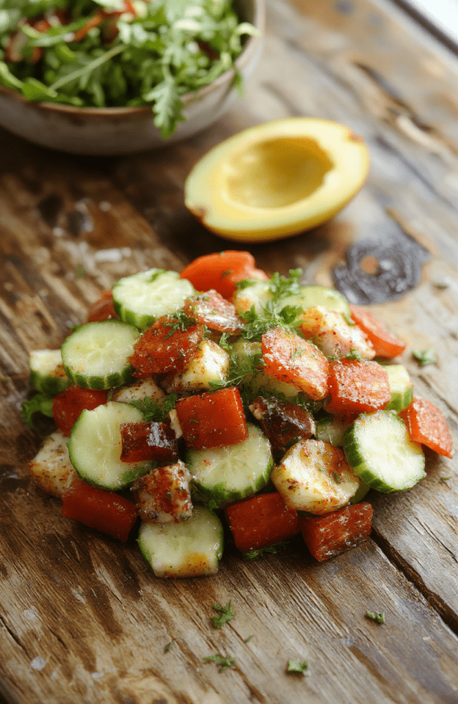 A vibrant Mediterranean salad featuring sliced cucumber, ripe tomatoes, and thinly sliced red onion arranged on a white ceramic plate. The colorful ingredients are drizzled with olive oil and sprinkled with fresh herbs, creating a visually appealing, fresh, and appetizing dish. The background includes a rustic wooden table with a few lemon wedges and herbs, styled simply for an inviting, wholesome look.