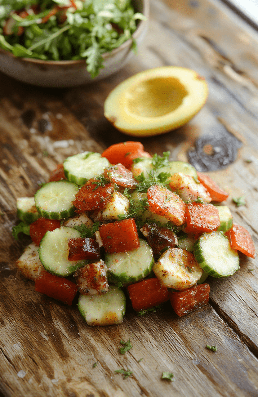 A vibrant Mediterranean salad featuring sliced cucumber, ripe tomatoes, and thinly sliced red onion arranged on a white ceramic plate. The colorful ingredients are drizzled with olive oil and sprinkled with fresh herbs, creating a visually appealing, fresh, and appetizing dish. The background includes a rustic wooden table with a few lemon wedges and herbs, styled simply for an inviting, wholesome look.