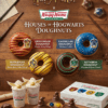 Colorful Hogwarts-themed donuts decorated with vibrant icing, sprinkles, and themed edible toppers, arranged on a rustic wooden board with magical decor accents, showcasing their glossy textures and whimsical designs.