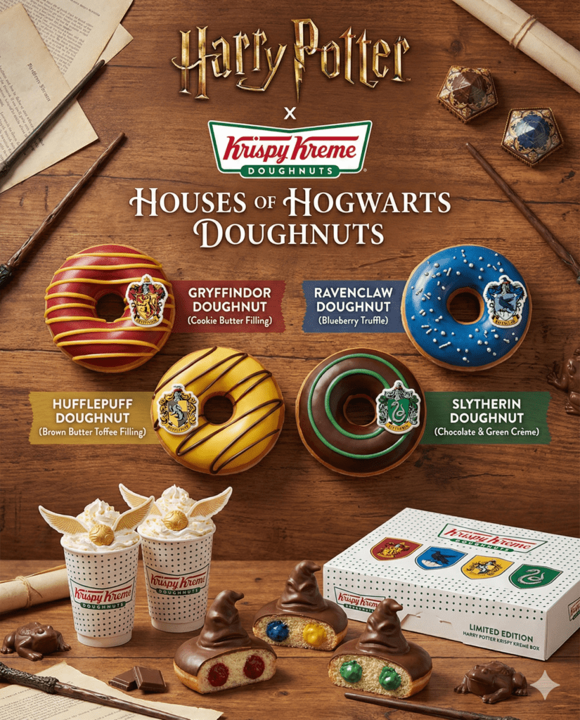 Colorful Hogwarts-themed donuts decorated with vibrant icing, sprinkles, and themed edible toppers, arranged on a rustic wooden board with magical decor accents, showcasing their glossy textures and whimsical designs.