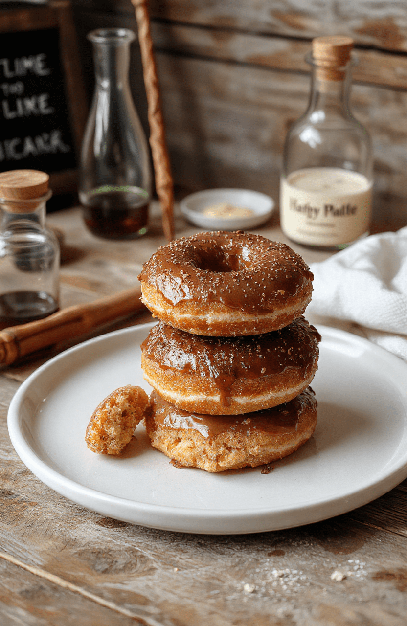 Colorful Hogwarts-themed donuts decorated with vibrant icing, sprinkles, and themed edible toppers, arranged on a rustic wooden board with magical decor accents, showcasing their glossy textures and whimsical designs.