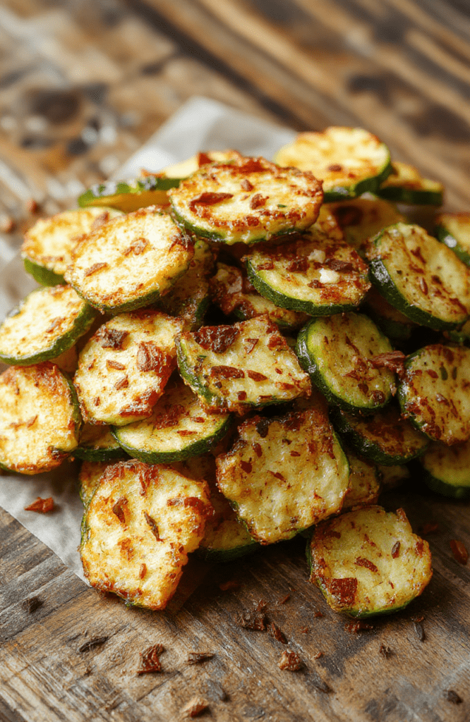 Colorful crispy zucchini fries arranged on a white plate with a sprinkle of herbs, golden-brown texture, served with a side of creamy dipping sauce, styled simply with a clean background, highlighting the vibrant green zucchini and crispy coating.
