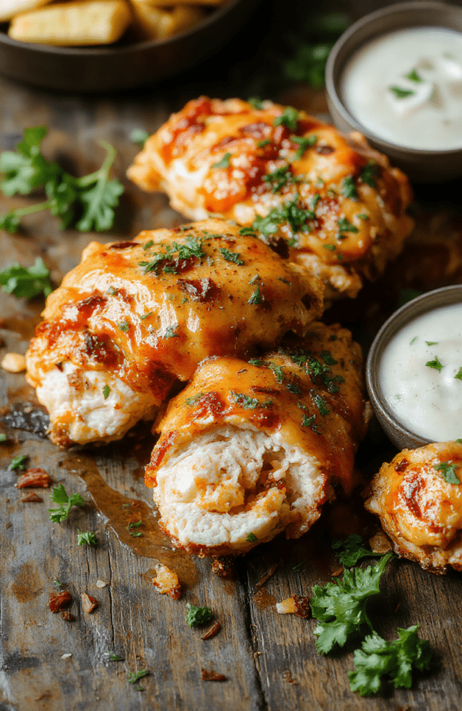 Colorful plate of crispy baked buffalo ranch chicken strips arranged neatly, garnished with fresh green herbs and served with a side of vibrant celery sticks and creamy ranch dipping sauce, styled on a rustic wooden board with a light background.
