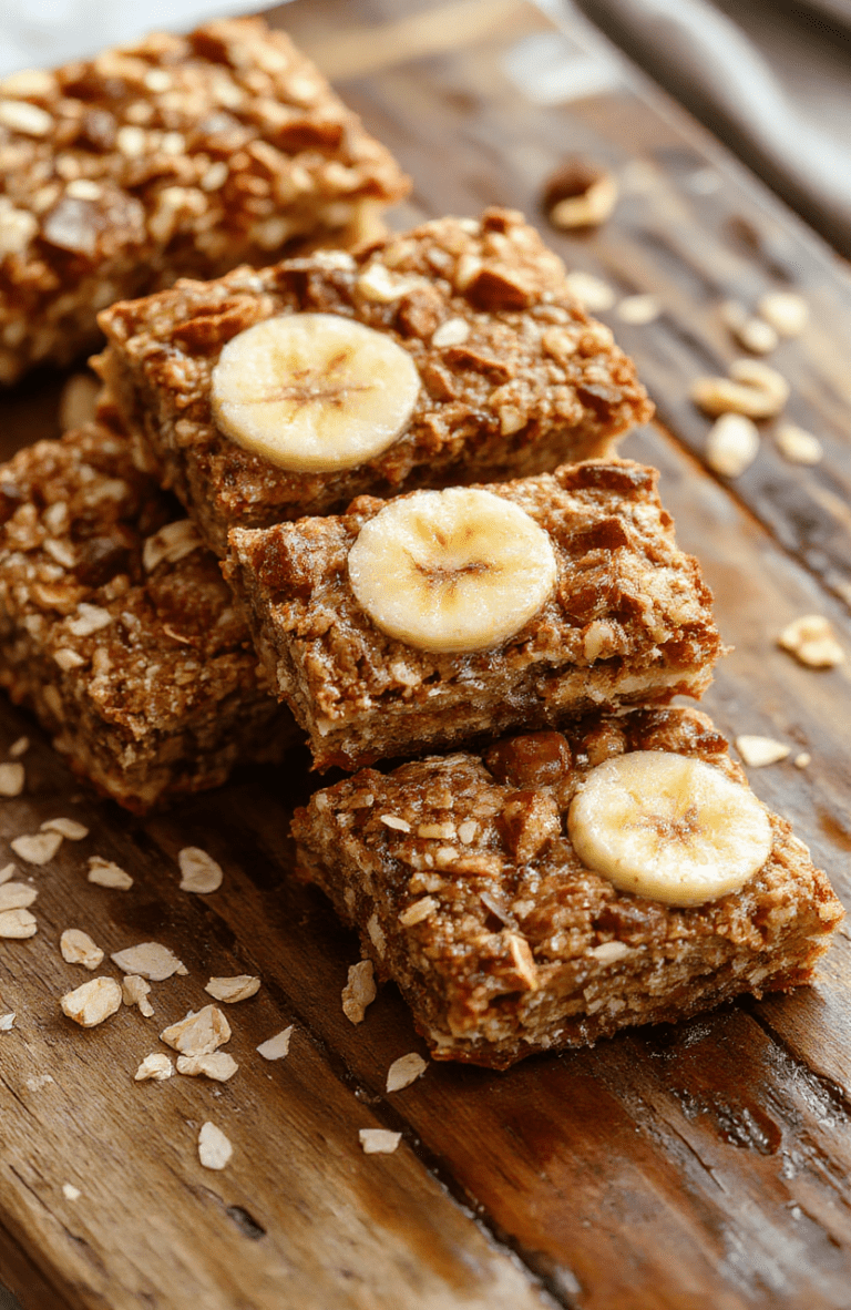 A vibrant plate of banana oatmeal bars arranged on a rustic wooden surface, showcasing golden brown edges, textured oats, and ripe banana slices inside. The bars are neatly cut, revealing a moist, wholesome interior with visible oats and banana chunks, styled with a few banana slices and a sprinkle of oats for an inviting, natural look.
