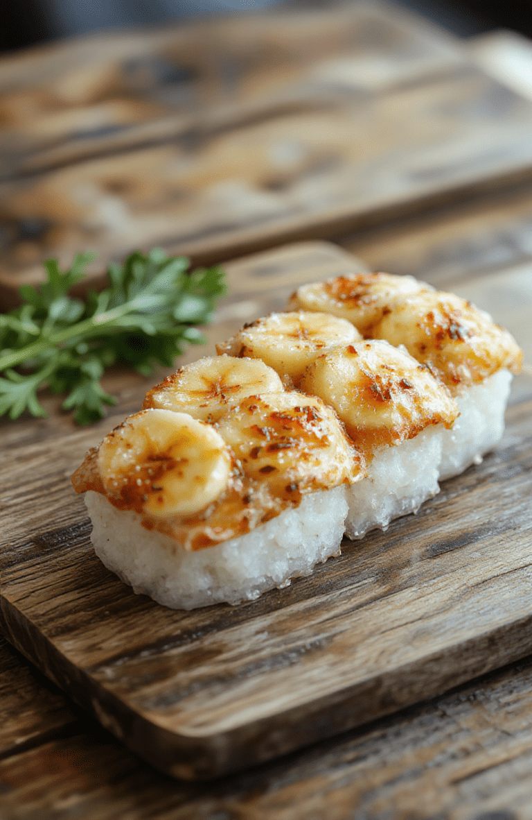 Colorful banana sushi rolls arranged on a white plate, featuring bright banana slices wrapped with vibrant fruit and rice-like coatings, served on a rustic wooden table with a soft focus background, emphasizing the fresh ingredients, playful presentation, and appealing textures.