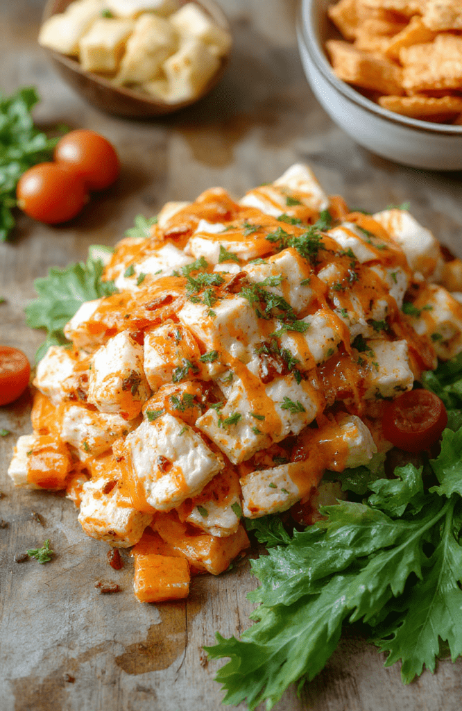A vibrant bowl of buffalo chicken salad featuring tender shredded chicken coated in spicy buffalo sauce, topped with crunchy celery and creamy blue cheese crumbles, garnished with fresh parsley. The salad is served in a white bowl on a rustic wooden table with a side of sliced baguette and fresh greens, showcasing textures of crisp vegetables, juicy chicken, and tangy cheese, styled for appetizing appeal.