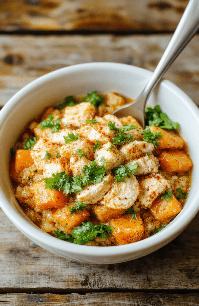 A vibrant plate of chicken and sweet potato rice bowl featuring sliced grilled chicken, roasted sweet potatoes, fluffy rice, colorful vegetables, and fresh herbs, styled on a rustic wooden surface with natural lighting highlighting the textures and colors.