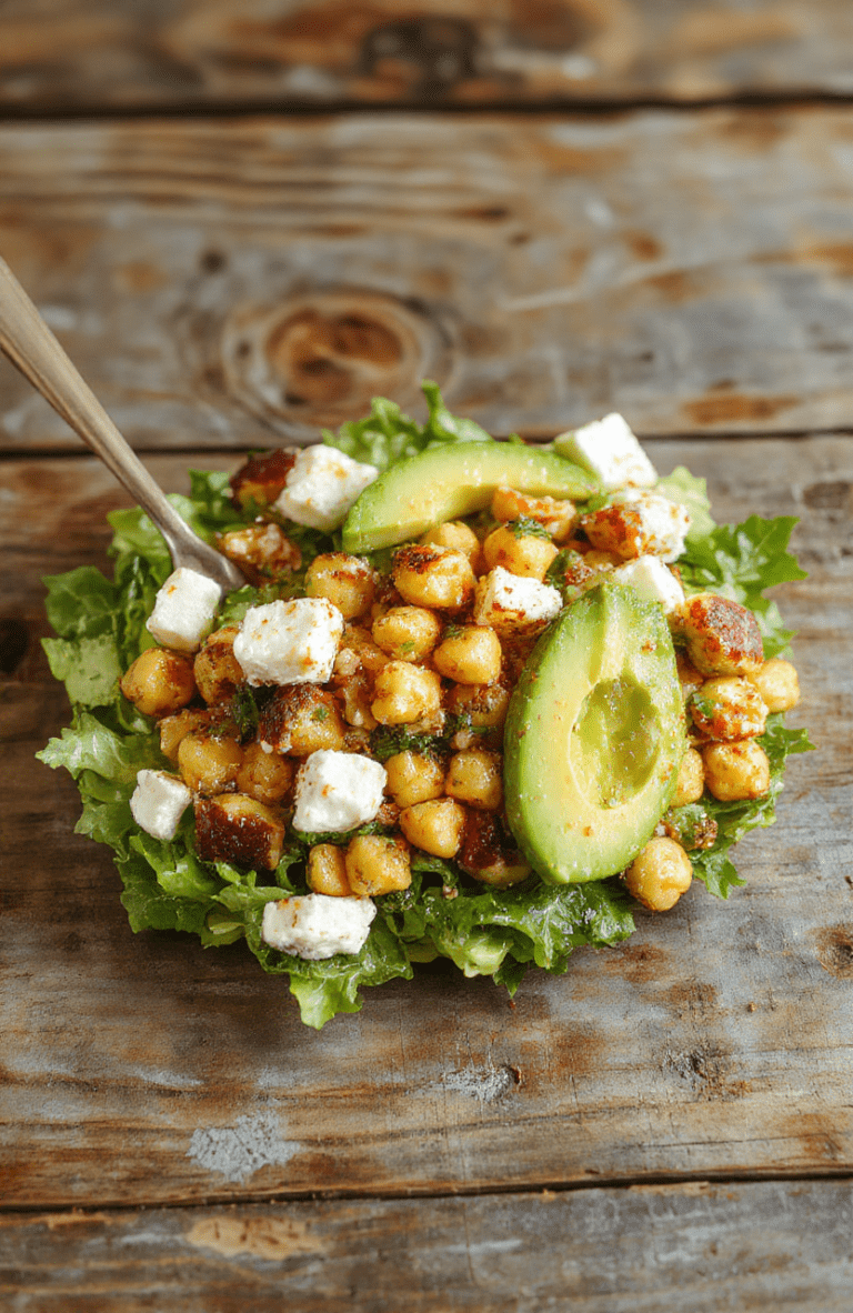 Colorful chickpea feta avocado salad in a white bowl, featuring creamy avocado slices, crumbled feta cheese, and plump chickpeas, garnished with fresh herbs on a rustic wooden surface, with vibrant green and creamy white hues, styled simply for a fresh and appetizing look.