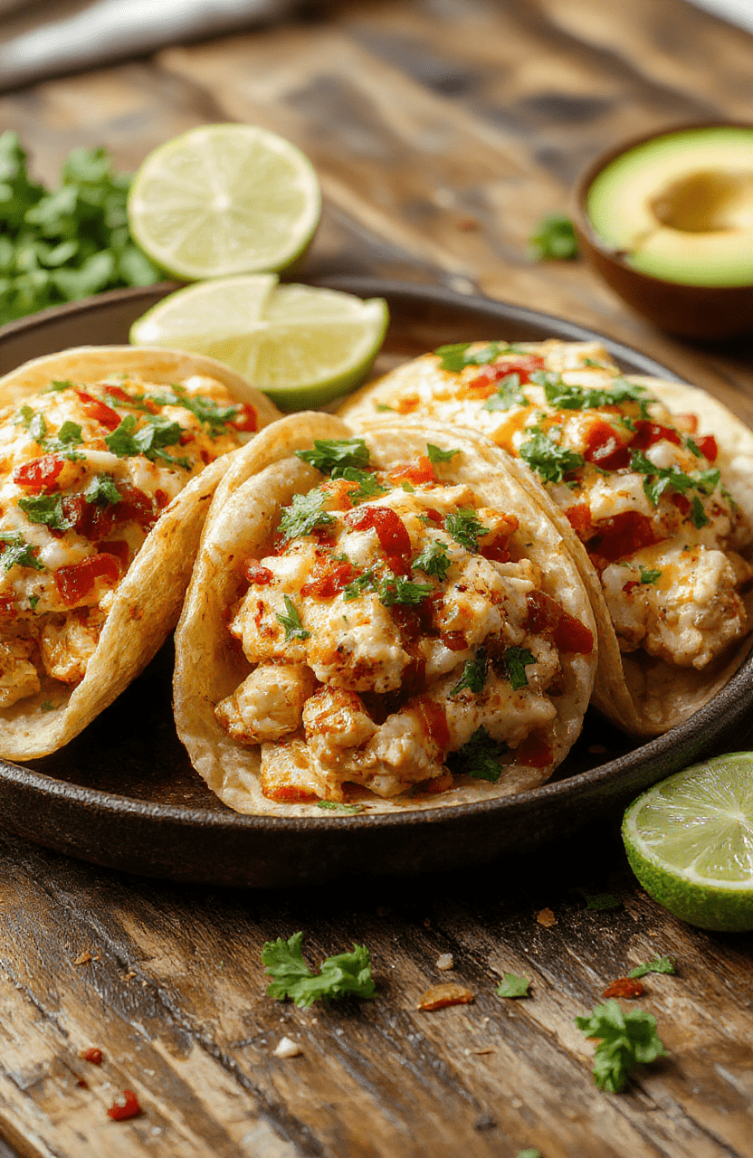 Colorful plate of shredded chicken tacos with fresh lettuce, diced tomatoes, cheese, and cilantro, arranged on a wooden platter with lime wedges, vibrant and appetizing, styled simply with a rustic background and natural daylight.
