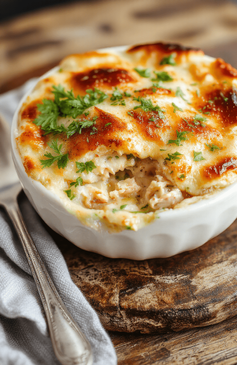 A vibrant, golden-brown crustless chicken pot pie served in a rustic white dish. Steaming, tender chicken pieces mixed with colorful vegetables like carrots, peas, and celery. The filling is creamy and hearty, topped with a sprinkle of fresh herbs. The dish exudes warmth and comfort, with a inviting, home-cooked presentation styled simply for a cozy meal.