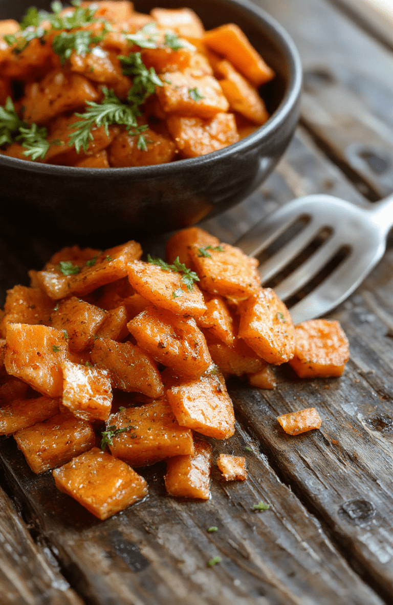 A vibrant plate of smashed carrots showcasing their tender texture and bright orange color, garnished with fresh herbs, arranged simply on a rustic wooden surface with a soft, natural daylight glow.