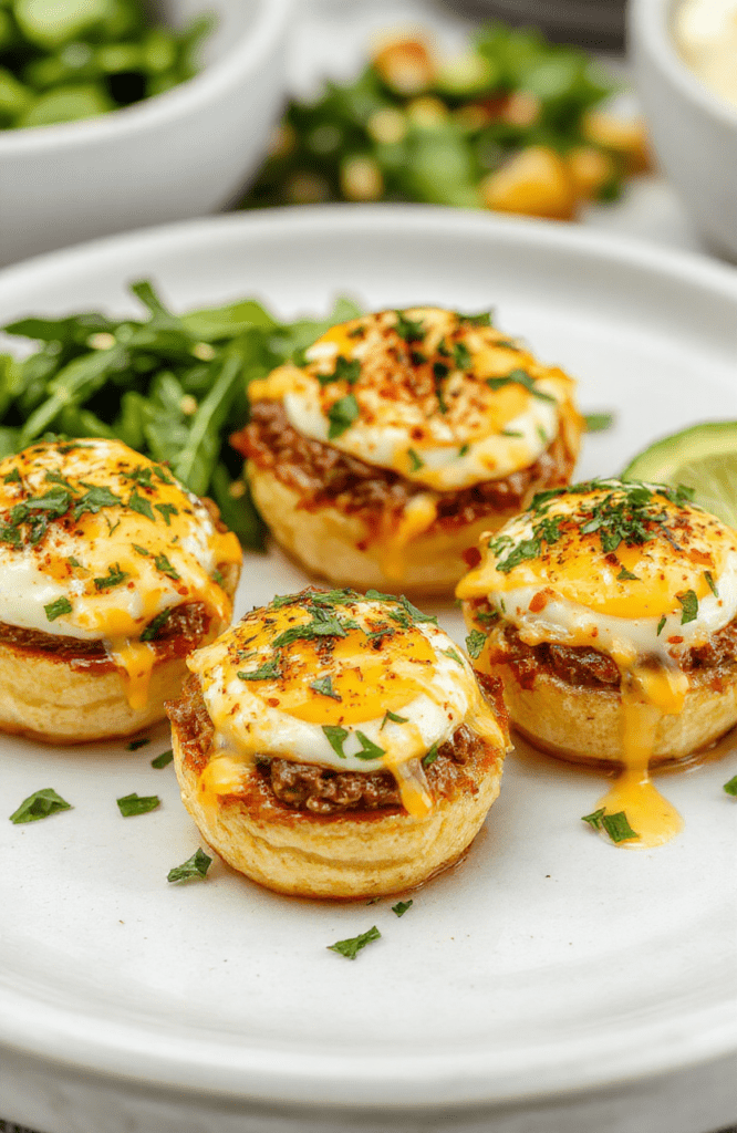 Colorful plate featuring golden baked egg cups with melted cheese and seasoned beef, garnished with fresh herbs. The cups are neatly arranged on a white serving dish with a rustic wooden background, showcasing textures of crispy edges and gooey cheese, styled simply for a cozy breakfast vibe.