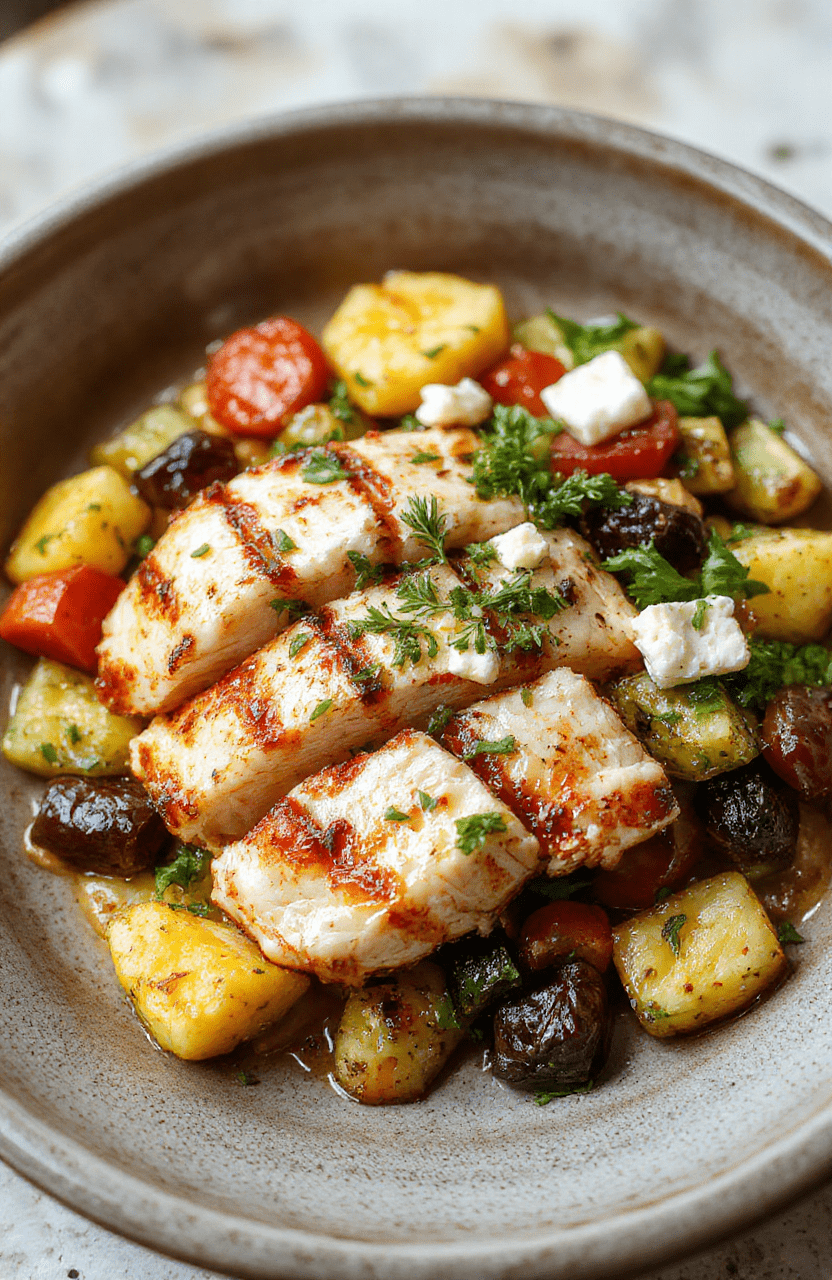 A vibrant Mediterranean chicken bowl with grilled chicken slices, colorful cherry tomatoes, cucumber, red onions, kalamata olives, and crumbled feta cheese arranged on a rustic ceramic plate, topped with fresh herbs. The colorful ingredients contrast beautifully against a neutral wooden table, highlighting the textures and freshness of the dish, styled in a casual, inviting manner.