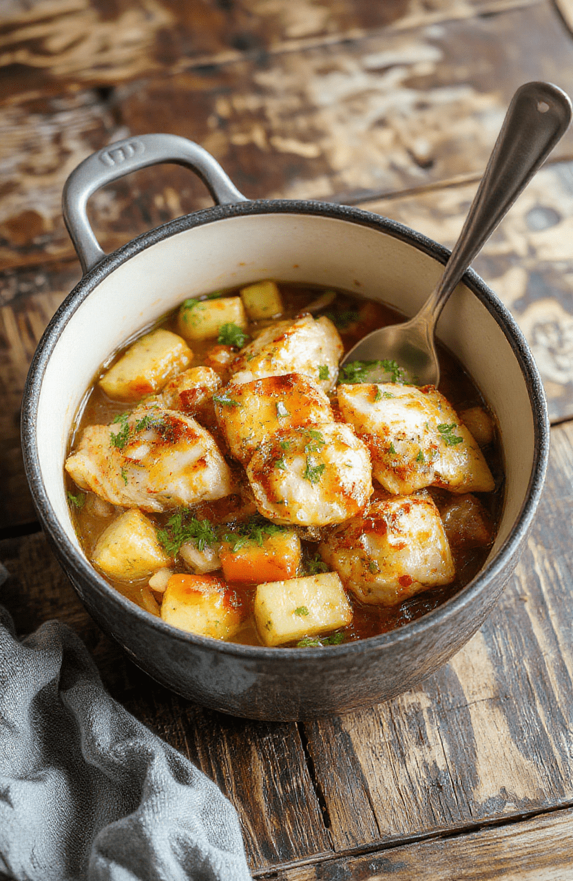 Colorful one-pot chicken and vegetables served in a rustic bowl, featuring tender chicken pieces, vibrant bell peppers, green zucchini, and bright cherry tomatoes with a light herb garnish, all arranged on a wooden table, styled simply to emphasize freshness and wholesome ingredients.