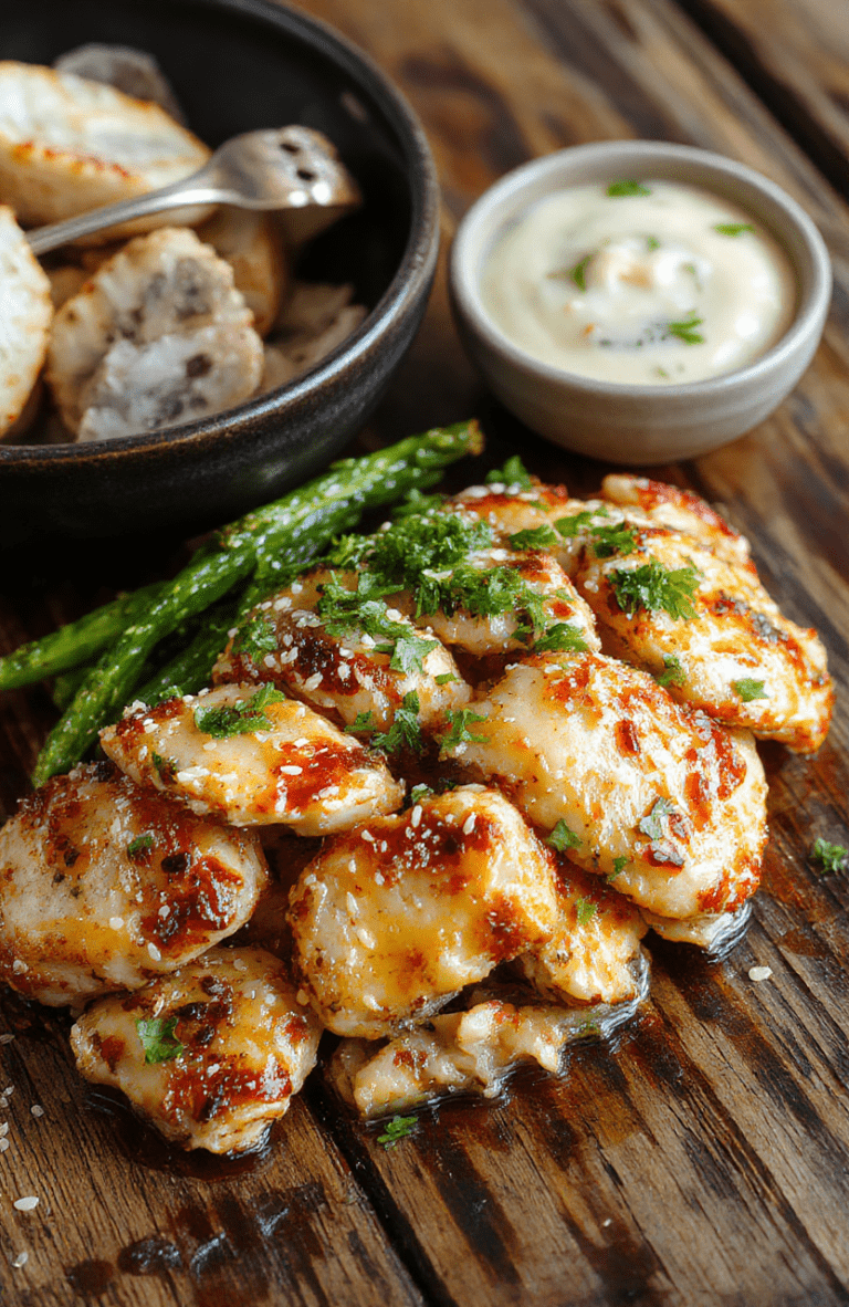 A vibrant plate of sesame chicken featuring golden-brown chicken pieces coated in a glossy sesame sauce, garnished with toasted sesame seeds and chopped green onions, arranged neatly on a white plate against a rustic wooden table with a side of steamed rice and fresh vegetables.