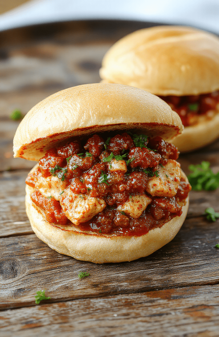 A vibrant plate featuring juicy turkey sloppy joes nestled in toasted buns, topped with fresh chopped herbs and a side of crispy coleslaw, colorful vegetables and sauces enhancing the presentation, styled on a rustic wooden surface with natural daylight highlighting textures.