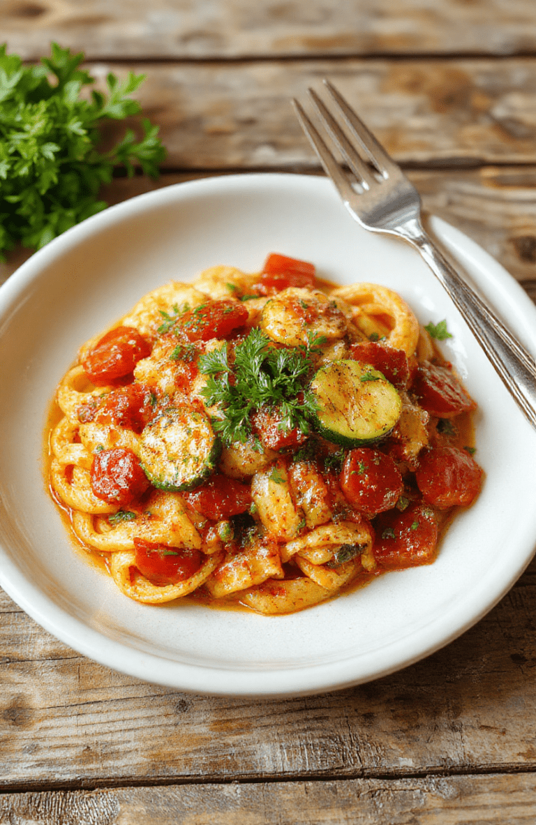 A vibrant plate of vegetarian tomato zucchini pasta featuring spiralized zucchini noodles topped with cherry tomatoes, fresh basil, and a drizzle of olive oil. The dish is colorful with bright reds, greens, and yellows, presented on a rustic wooden table with a clean, modern style. The textures of tender zucchini, juicy tomatoes, and silky sauce create an inviting, appetizing scene.