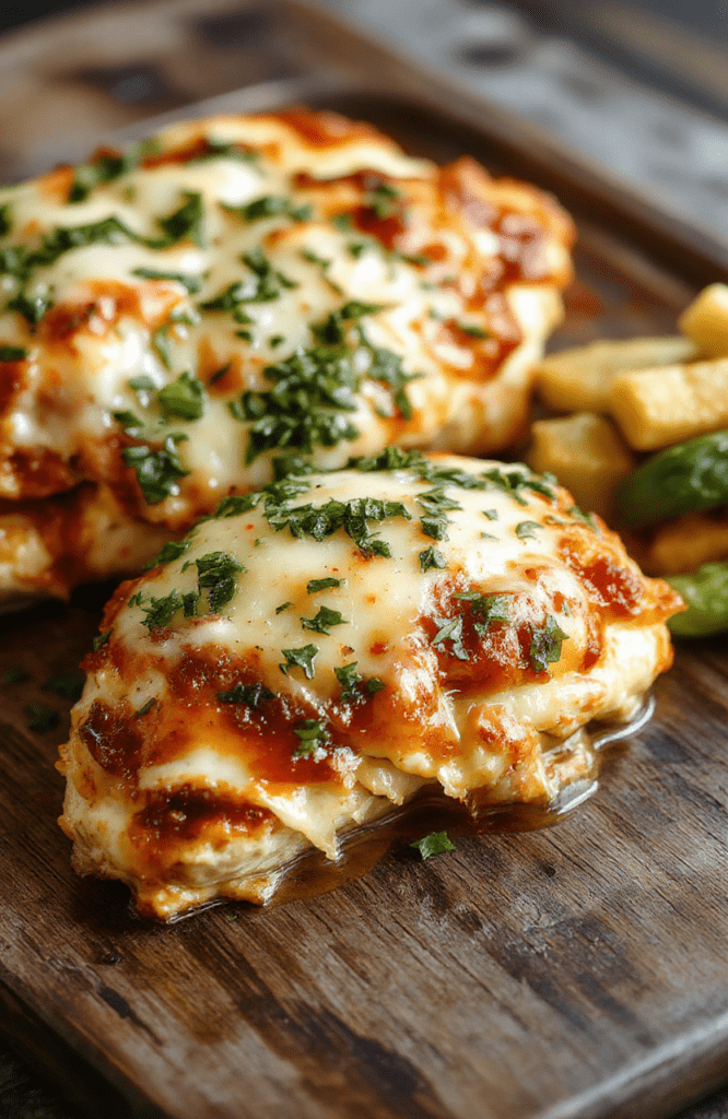 A vibrant chicken parmesan casserole featuring golden-brown breaded chicken layers layered with rich marinara sauce and melted cheesy topping, presented in a rustic white baking dish. The dish showcases crispy edges, bubbly cheese, and fresh basil garnish, styled on a wooden surface with a background of green herbs and a side of fresh salad, emphasizing a hearty, comforting meal.