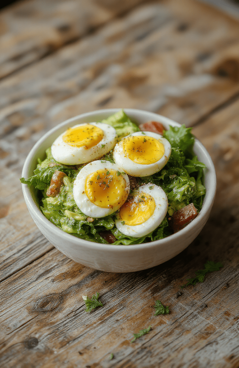Vibrant bowl featuring sliced ripe avocado, chopped boiled eggs, cherry tomatoes, chopped green herbs, and a drizzle of olive oil on a white ceramic plate, surrounded by fresh ingredients, with a textured wooden table background, natural light highlighting textures and colors, styled casually with a minimalist aesthetic.