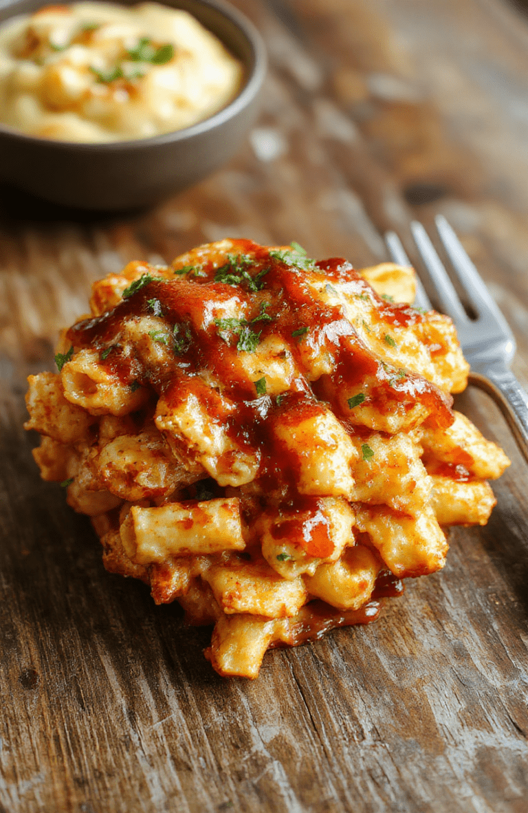A vibrant plate featuring creamy macaroni and cheese topped with tender grilled chicken coated in glossy honey BBQ sauce, garnished with fresh herbs. The dish displays a rich, cheesy texture with caramelized chicken pieces, set on a rustic wooden table with warm lighting, highlighting the glossy sauce and melty cheese.