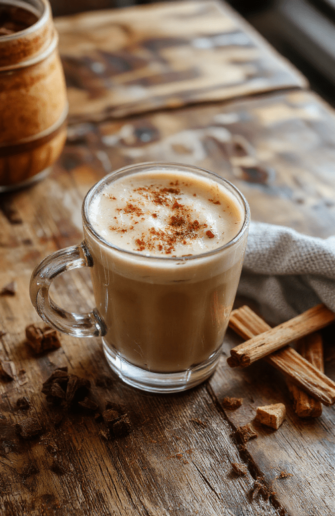 A steaming vanilla cinnamon latte in a clear glass mug garnished with a cinnamon stick and a sprinkle of cinnamon powder, surrounded by vanilla bean pods and coffee beans on a rustic wooden table, with a cozy and warm ambiance.
