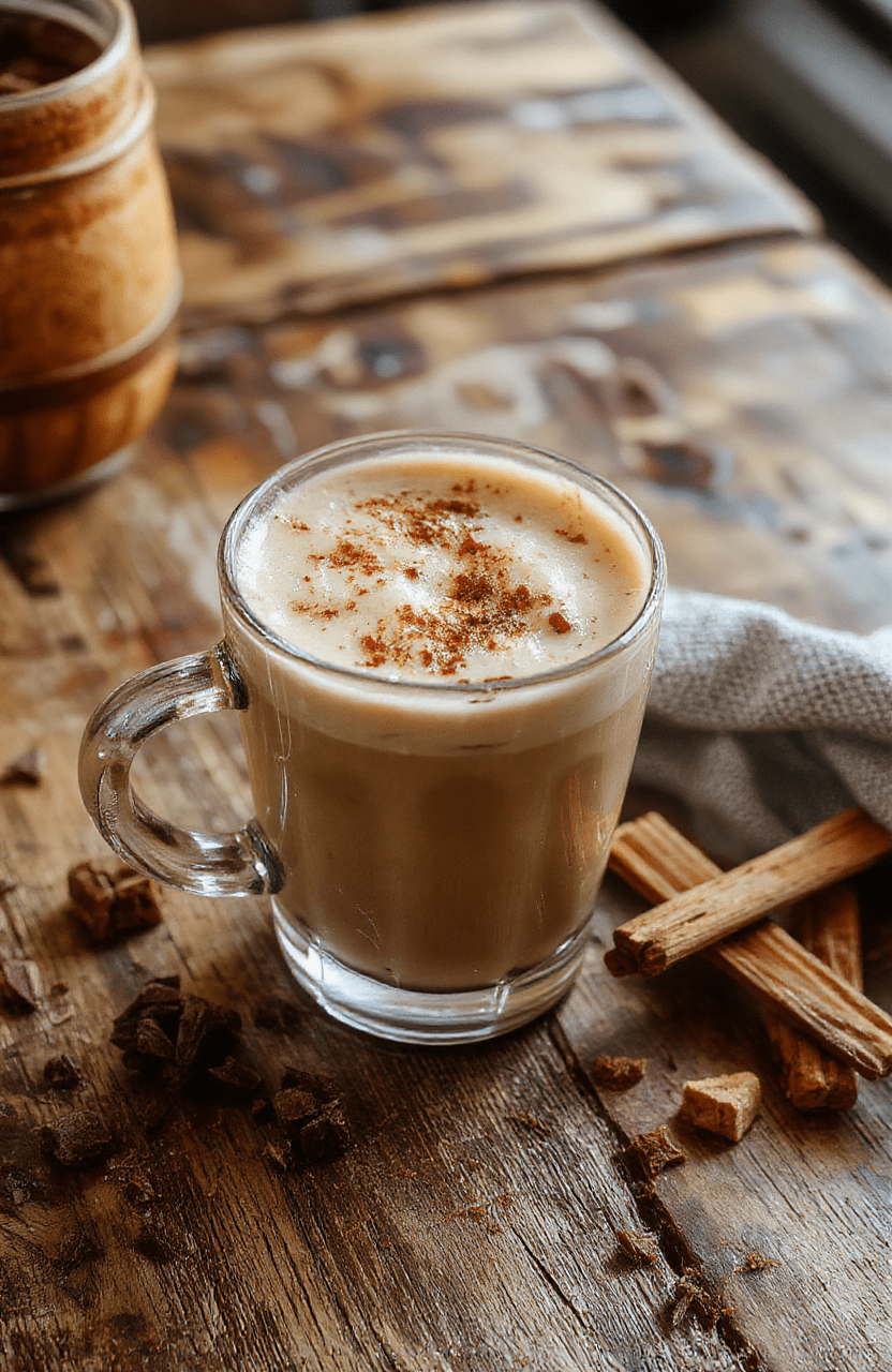 A steaming vanilla cinnamon latte in a clear glass mug garnished with a cinnamon stick and a sprinkle of cinnamon powder, surrounded by vanilla bean pods and coffee beans on a rustic wooden table, with a cozy and warm ambiance.