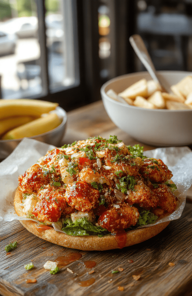 A vibrant plate of honey hot chicken salad featuring crispy chicken chunks coated in glossy honey and hot sauce, garnished with fresh greens, colorful cherry tomatoes, and crispy nuts, styled on a rustic wooden table with a light drizzle of honey and spicy sauce visible for an appetizing look.