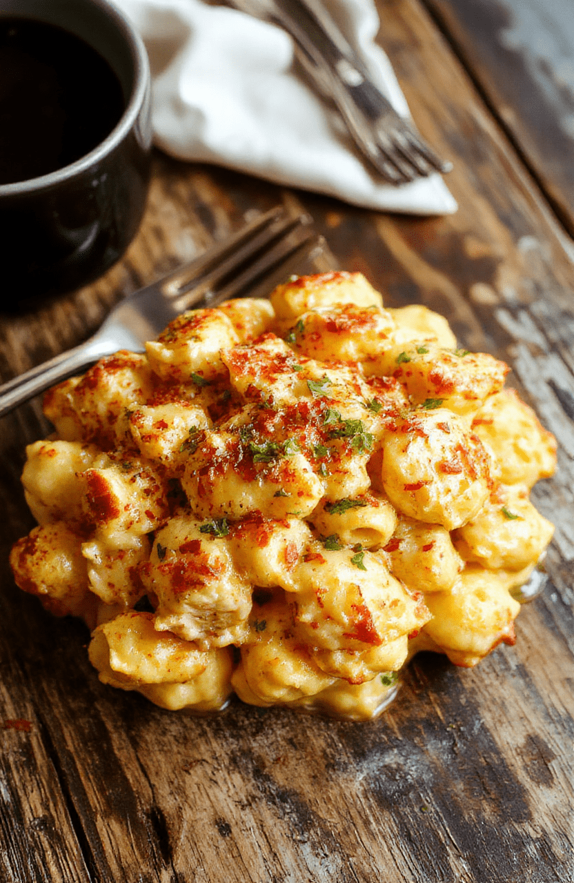 A bowl of rich honey pepper chicken mac and cheese with golden-brown breaded chicken pieces topped with fresh herbs, drizzled with honey and sprinkled with black pepper. The dish features a creamy cheese sauce with tender macaroni, styled on a rustic wooden table with a vibrant, inviting atmosphere.