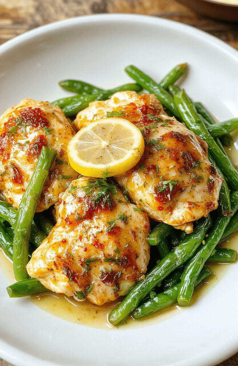 A vibrant plate featuring golden-brown chicken thighs glazed with lemon garlic butter sauce, surrounded by fresh green beans. The dish is beautifully plated on a rustic white ceramic plate, garnished with chopped herbs and lemon wedges, highlighting the textures and colors. The background has a soft, neutral wooden surface creating a cozy, inviting atmosphere.