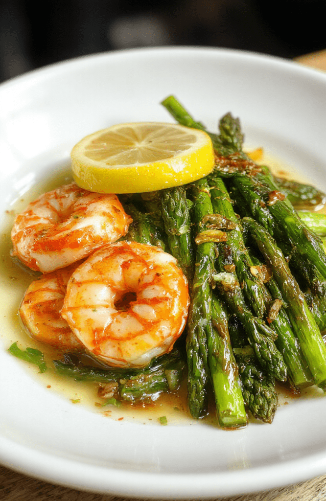A vibrant plate featuring sautéed lemon garlic shrimp and tender asparagus, garnished with fresh herbs, served on a white ceramic plate with a lemon wedge and garlic cloves in the background, colorful and appetizing with a glossy sauce and crisp asparagus tips, styled with minimalistic greenery for an elegant look.