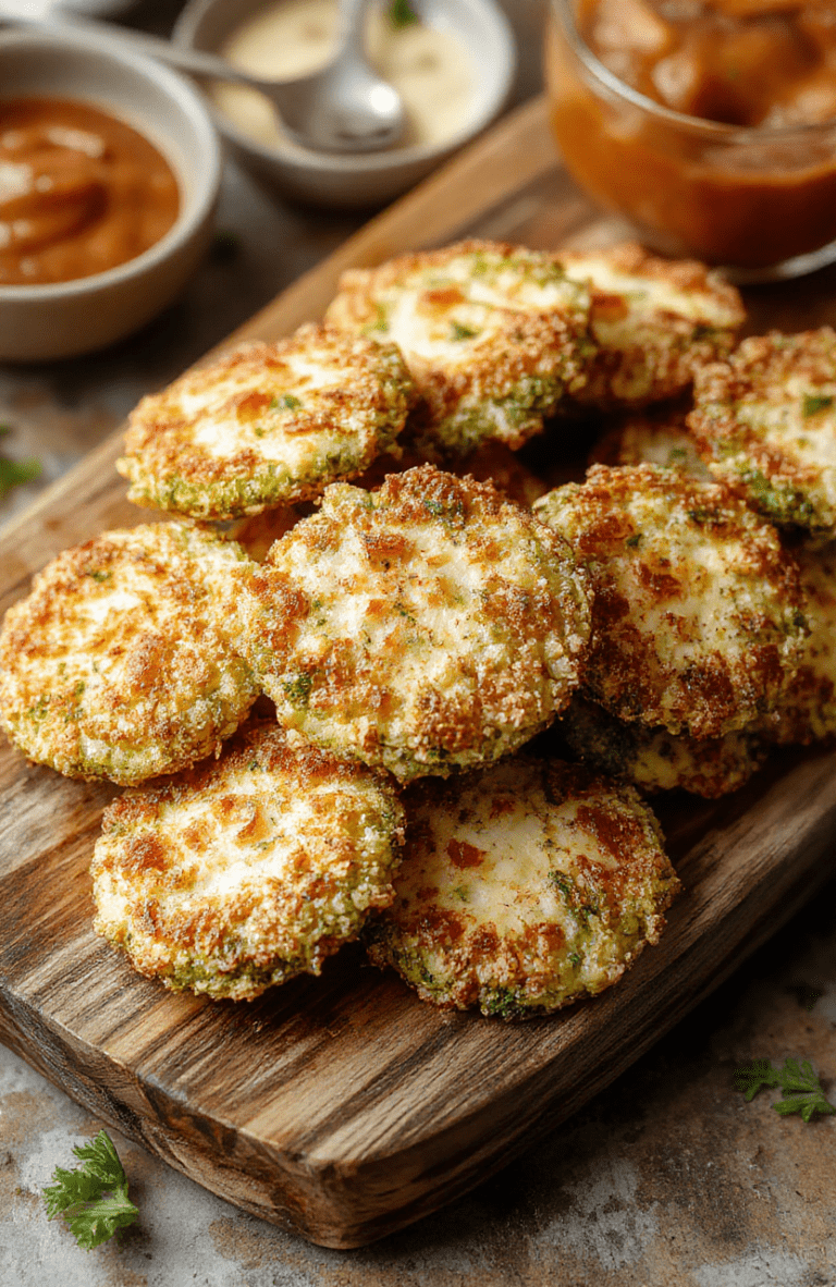 A plate of crispy broccoli cheese rounds with golden-brown edges, topped with a sprinkle of fresh herbs, presented on a rustic wooden board with vibrant green broccoli and melted cheese textures visible.