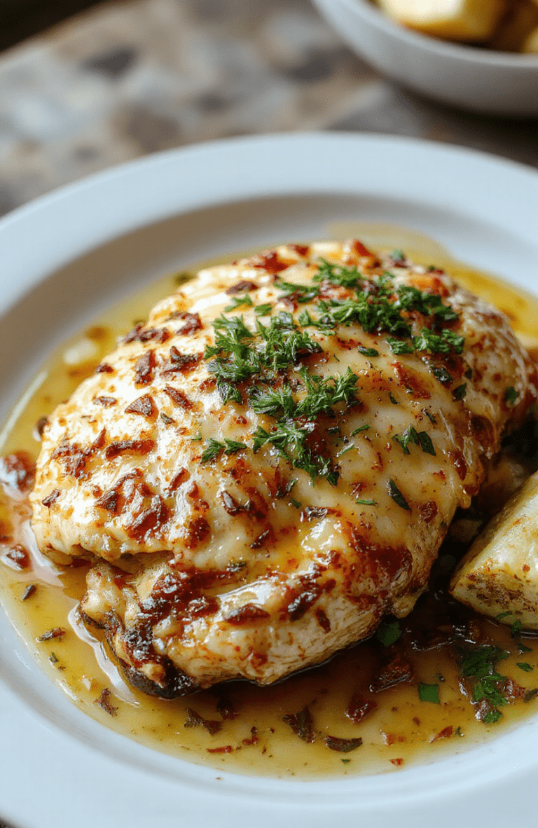 A beautifully plated piece of melt-in-your-mouth garlic butter chicken with a golden caramelized exterior, garnished with fresh parsley, served on a rustic white plate with a side of steamed vegetables and lemon wedges, highlighting textures of juicy meat and rich butter sauce, styled with a clean, bright background.