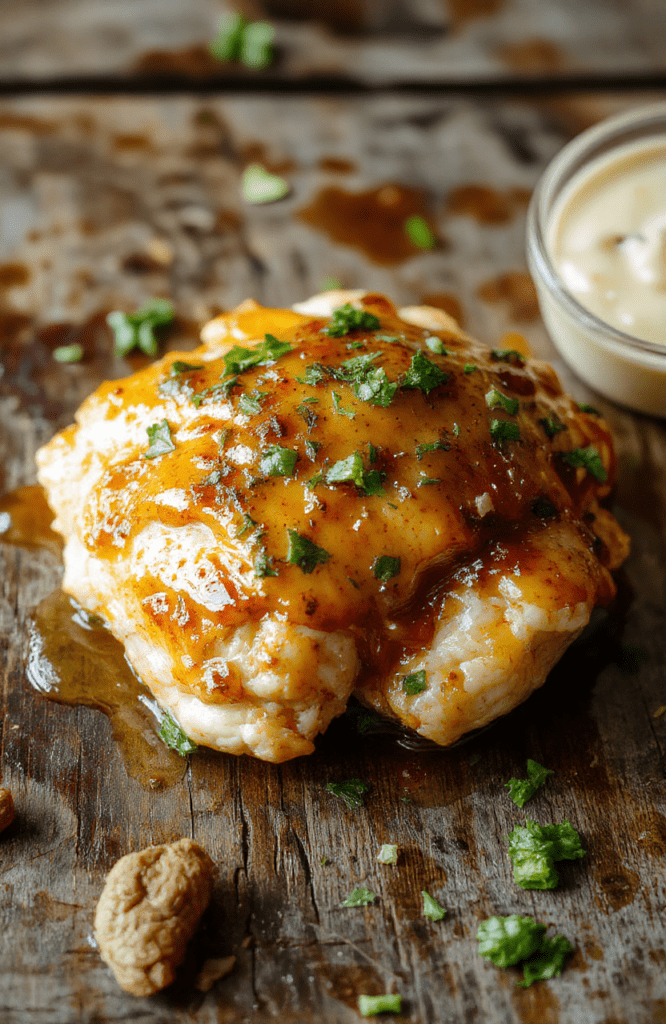 A close-up of a glossy, golden-brown honey butter-coated chicken breast topped with a drizzle of honey and a pat of melted butter, plated on a rustic wooden table with fresh herbs and a side of steamed vegetables, showcasing a crispy exterior and tender interior, styled simply for a cozy, home-cooked look.