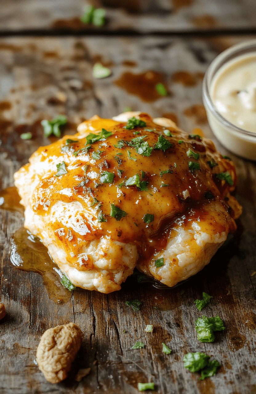 A close-up of a glossy, golden-brown honey butter-coated chicken breast topped with a drizzle of honey and a pat of melted butter, plated on a rustic wooden table with fresh herbs and a side of steamed vegetables, showcasing a crispy exterior and tender interior, styled simply for a cozy, home-cooked look.
