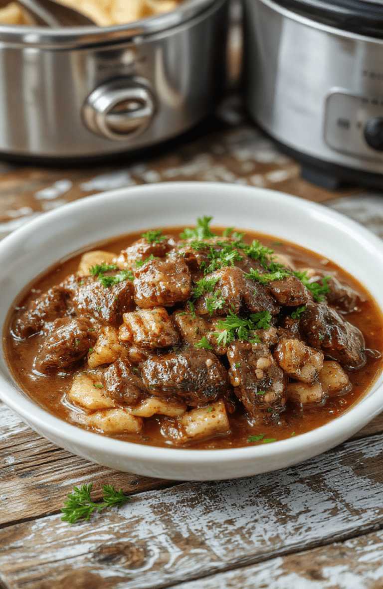 A steaming bowl of rich beef bourguignon with tender chunks of beef, caramelized onions, and mushrooms garnished with fresh herbs, served on a rustic wooden table with a warm, inviting atmosphere, showcasing a hearty, flavorful dish with a glossy sauce and vibrant earthy tones.