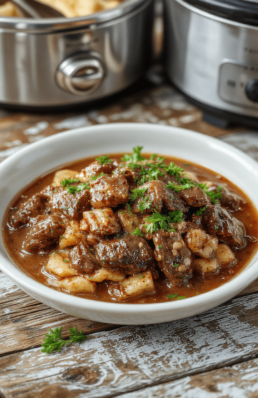 A steaming bowl of rich beef bourguignon with tender chunks of beef, caramelized onions, and mushrooms garnished with fresh herbs, served on a rustic wooden table with a warm, inviting atmosphere, showcasing a hearty, flavorful dish with a glossy sauce and vibrant earthy tones.